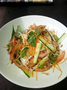 The Saffron restaurant crispy pork and chargrilled squid delicious salad.